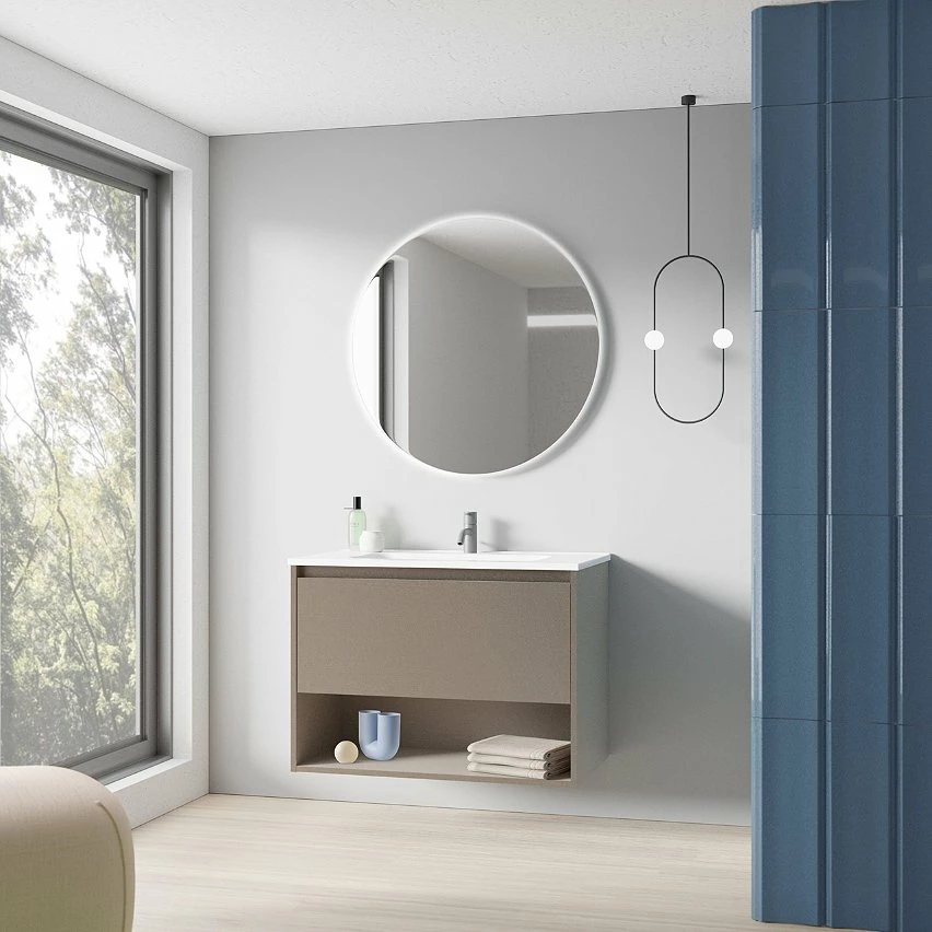 Nouveau 🔔 Amizuva Ensemble de meuble, vasque et miroir NIWA avec un tiroir et un niche H.56,5 x L.80 x P.46 , effet Fumé sablé 🔥 4 Nouveau 🔔 Amizuva Ensemble de meuble, vasque et miroir NIWA avec un tiroir et un niche H.56,5 x L.80 x P.46 , effet Fumé sablé 🔥 – Image 2