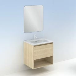 Le moins cher 👏 Amizuva Ensemble de meuble, vasque et miroir NIWA avec un tiroir et un niche H.56,5 x L.60 x P.46 , effet Chêne sablé ✨ -Accessoires pour la maison Soldes 8414623501806 5 1
