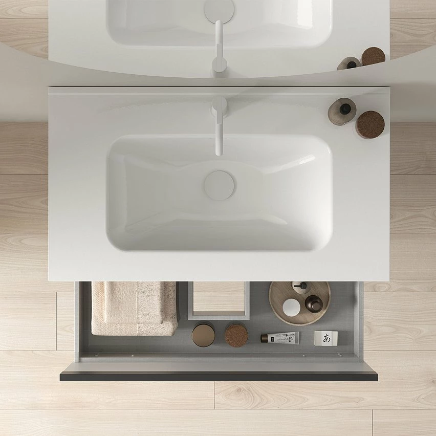 Coupon 😍 Amizuva Ensemble de meuble, vasque et miroir YOKO avec un tiroir et un niche H.56,5 x L.60 x P.46 , effet Fumé sablé 👍 4 Coupon 😍 Amizuva Ensemble de meuble, vasque et miroir YOKO avec un tiroir et un niche H.56,5 x L.60 x P.46 , effet Fumé sablé 👍 – Image 2