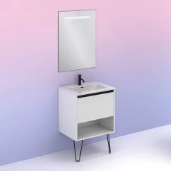 Promo 👍 Amizuva Meuble simple vasque YOKO avec un tiroir et un niche H.56,5 x L.60 x P.46 , effet blanc brillant | Il comprend la vasque en céramique ✨ -Accessoires pour la maison Soldes 8414623501943 6 1