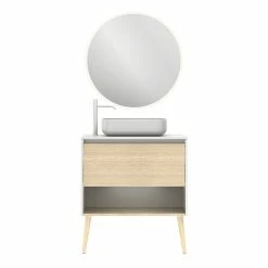 Meilleur prix ✨ Amizuva Ensemble de meuble, vasque et miroir NARA TOP avec un tiroir et un niche H.56,5 x L.80 x P.46 , effet Blanco Mate/ Chêne sablé ⌛