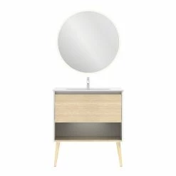 Budget ⭐ Amizuva Ensemble de meuble, vasque et miroir NARA avec un tiroir et un niche H.56,5 x L.80 x P.46 , effet Blanco Mate/ Chêne sablé 🤩