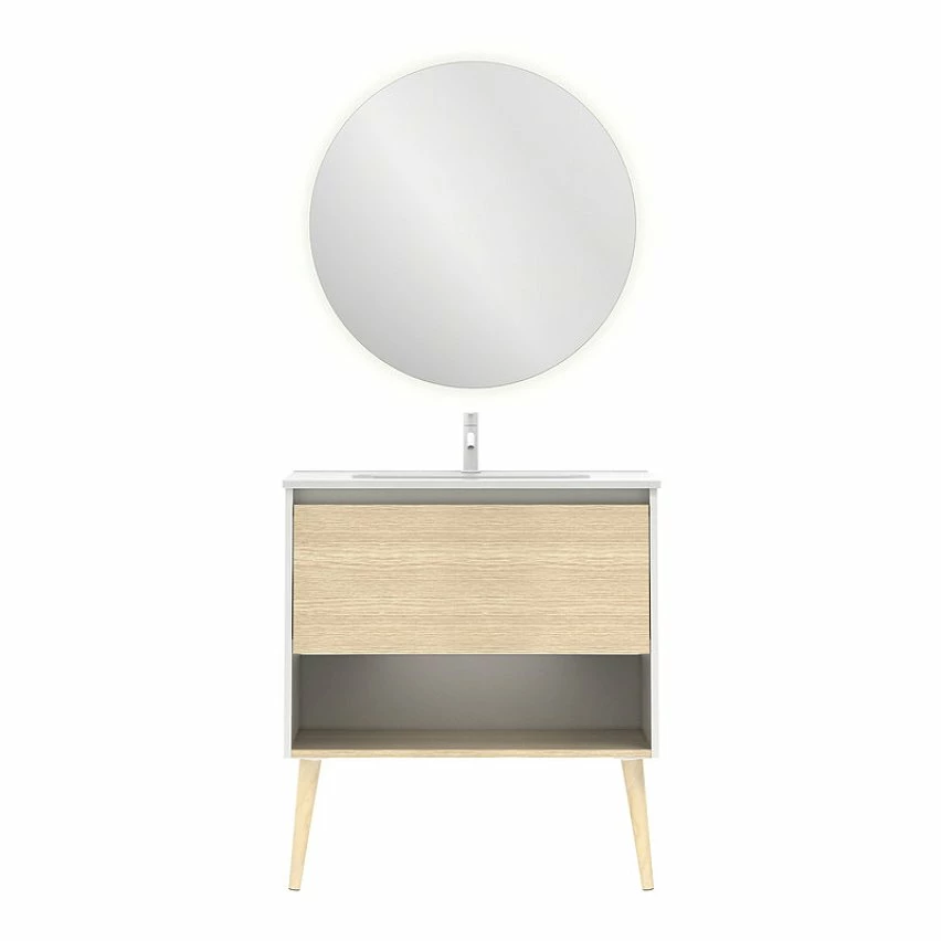 Budget ⭐ Amizuva Ensemble de meuble, vasque et miroir NARA avec un tiroir et un niche H.56,5 x L.80 x P.46 , effet Blanco Mate/ Chêne sablé 🤩 3 Budget ⭐ Amizuva Ensemble de meuble, vasque et miroir NARA avec un tiroir et un niche H.56,5 x L.80 x P.46 , effet Blanco Mate/ Chêne sablé 🤩