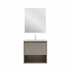 Remise 🔔 Amizuva Meuble simple vasque NIWA avec un tiroir et un niche H.56,5 x L.60 x P.46 , effetFumé sablé | Il comprend la vasque en céramique 🛒