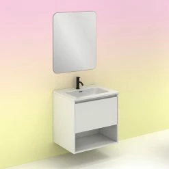 Vente flash ✔️ Amizuva Meuble simple vasque NIWA avec un tiroir et un niche H.56,5 x L.60 x P.46 , effet blanc brillant | Il comprend la vasque en céramique 🔥 -Accessoires pour la maison Soldes 8414623502100 5