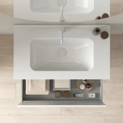 Top 10 ✔️ Amizuva Ensemble de meuble, vasque et miroir YOKO avec un tiroir et un niche H.56,5 x L.80 x P.46 , effet blanc brillant 🎁 -Accessoires pour la maison Soldes 8414623502131 3 3