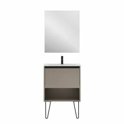 Grosses soldes 👏 Amizuva Meuble simple vasque YOKO avec un tiroir et un niche H.56,5 x L.60 x P.46 , effet Fumé sablé | Il comprend la vasque en céramique ❤️