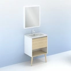 De gros 🎉 Amizuva Ensemble de meuble, vasque et miroir NARA avec un tiroir et un niche H.56,5 x L.60 x P.46 , effet Blanco Mate/ Chêne sablé 🧨 -Accessoires pour la maison Soldes 8414623502261 6 1