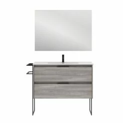 Promo ❤️ Amizuva Meuble simple vasque KEIKO avec deux tiroirs H.56,5 x L.100 x P.46 , effet Gris sablé | Il comprend la vasque en céramique ⭐