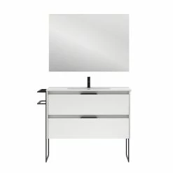 Meilleur prix ✨ Amizuva Meuble simple vasque KEIKO avec deux tiroirs H.56,5 x L.100 x P.46 , effet blanc brillant | Il comprend la vasque en céramique 😉