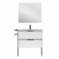 Coupon 😀 Amizuva Meuble simple vasque KEIKO avec deux tiroirs H.56,5 x L.80 x P.46 , effet blanc brillant | Il comprend la vasque en céramique 👍